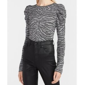 Express Puff Sleeve Sweater Top Long Sleeve Metallic Thread Zebra Ruched XS New